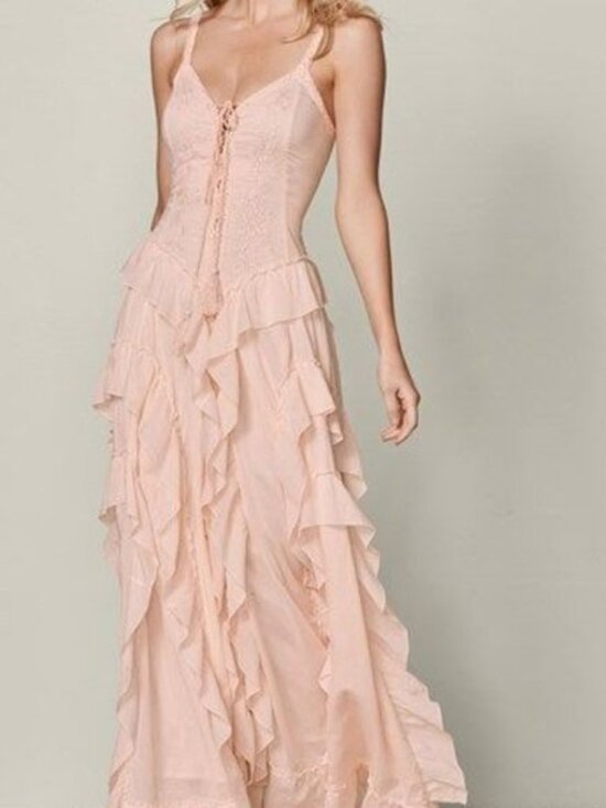 VENUS Dresses & Skirts - Venus Pink Ruffle Lace Up Maxi Dress, size Large